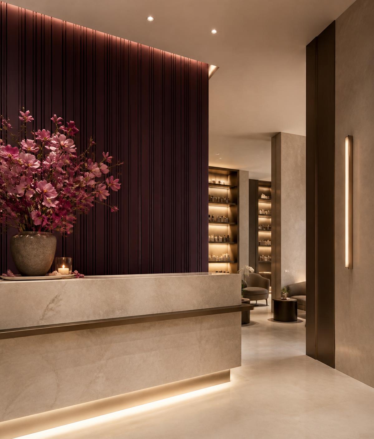 Reception of a luxury spa and salon with cream stone counter and plum wall detail