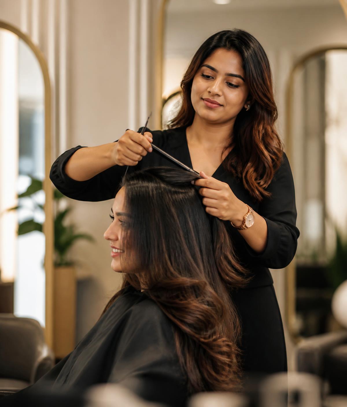 Hair stylist styling a client in an upscale salon